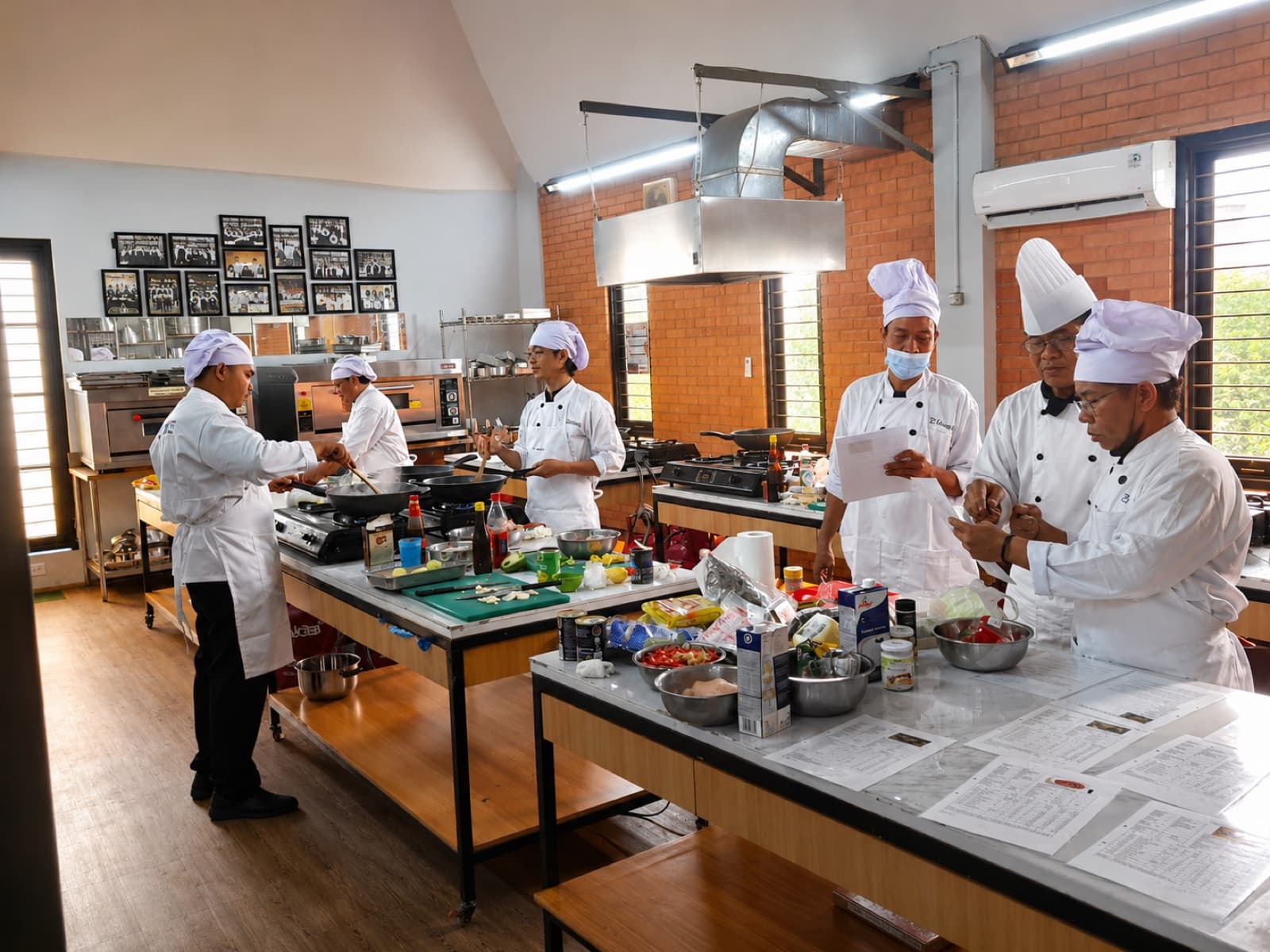 Culinary trainees working together during a practical kitchen session